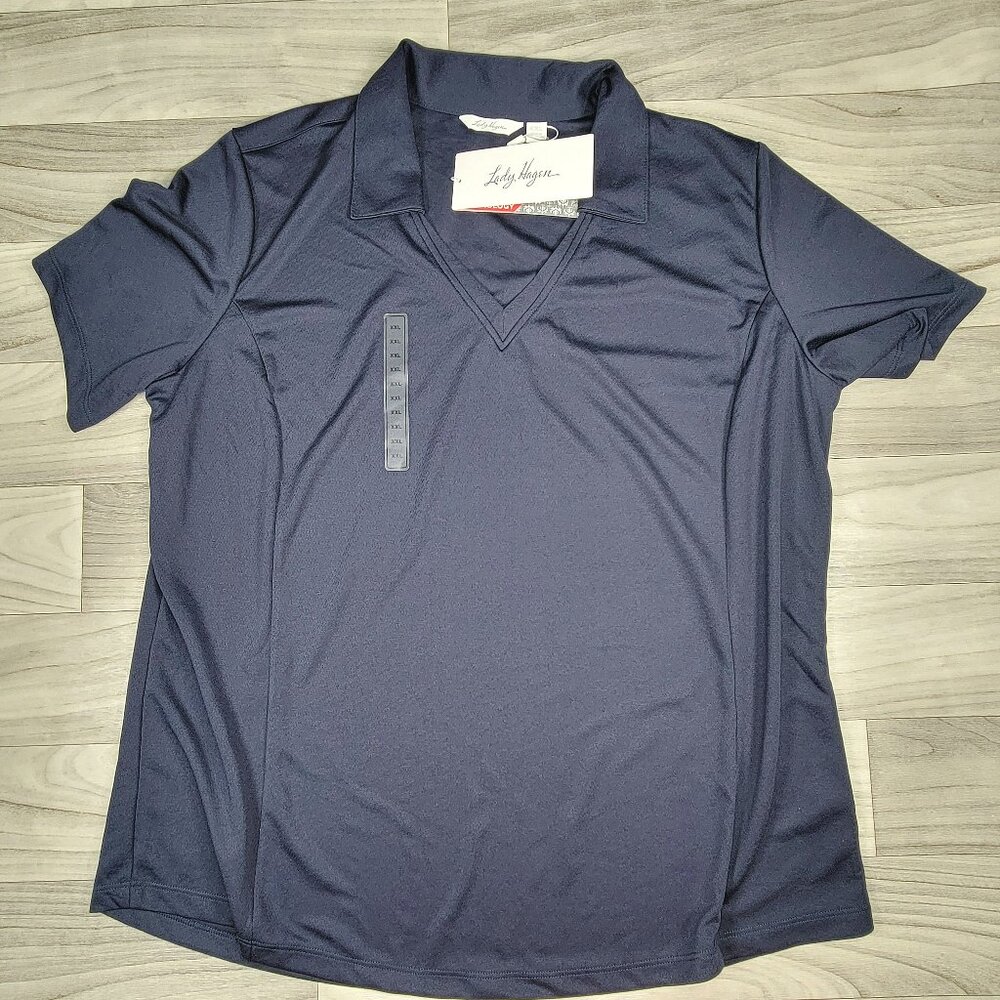 Lady Hagen Solid SS Polo Womens XXL Navy Blue V-Neck +25 UPF HydroDri NWT